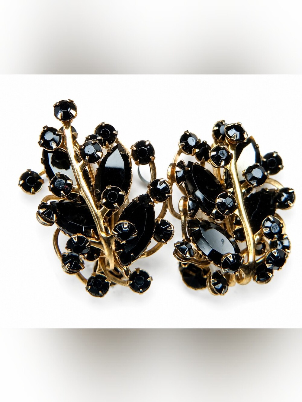 Vintage Black Crystal Cluster Clip-On Earrings- Unsigned Judy Lee?